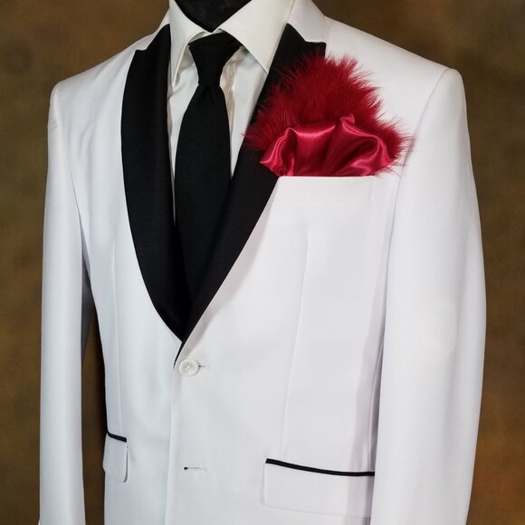 New - Burgundy Red Satin Ruffle & Feather Pocket Square Insert - Picture 4 of 7